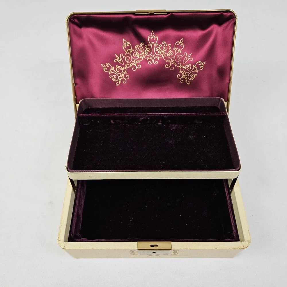 Vintage Jewelry Box Gold Embossed Faux Leather Farrington 50's Boho MCM